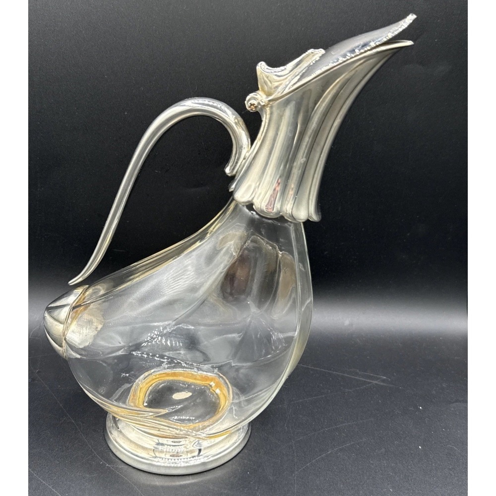 Vintage Crystal Glass & Silver Plated Duck Goose Shaped Decanter Pitcher